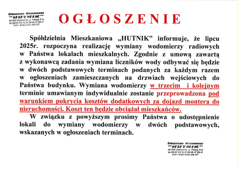 Wymiana wodomierzy w zasobach Spółdzielni